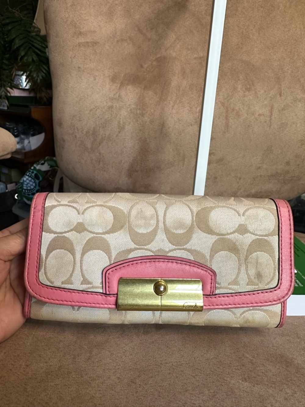 Coach Signature Canvas Continental Large Wallet in Pink Trim in Fair Condition - Picture 2 of 14